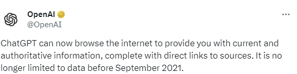 ChatGPT 再迎重大升級：可以直接聯網，不再侷限於2021年9月前的舊資料